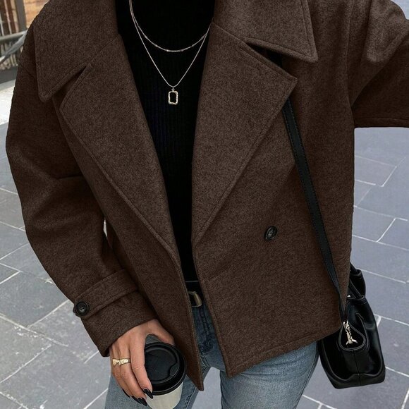 Coffee Brown Casual Women's Large Lapel Decorated Button Long Sleeve Coat - Picture 5 of 7